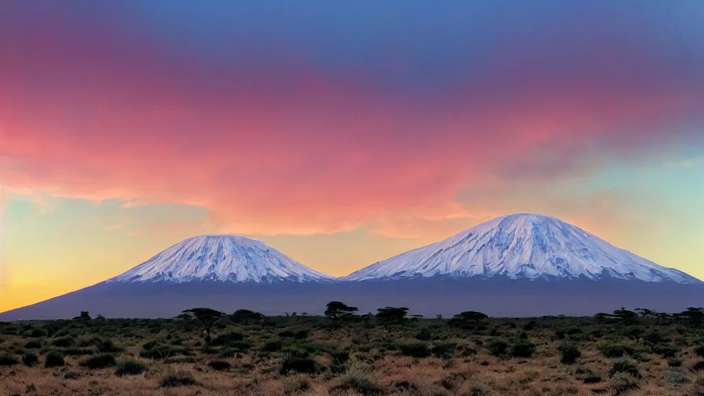 Prompt: Mount Kilimanjaro under the pink clouds backlit by the sun