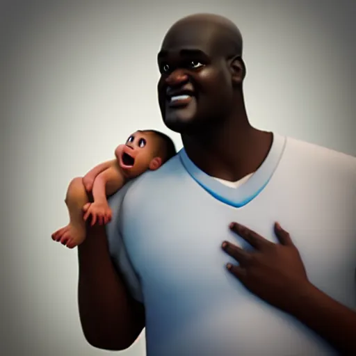 Image similar to a baby shaquille o ’ neal being held by a shocked asian man who can ’ t believe his eyes, pixar, 3 d render, artstation, unreal engine