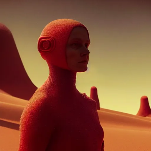 Image similar to colour aesthetic highly detailed photography scene, characters with hyperrealistic highly detailed faces. from dune ( 2 0 2 1 ) by alejandro hodorovski and denis villeneuve and gregory crewdson style with many details by mike winkelmann and caravaggio in sci - fi style. volumetric natural light hyperrealism photo on red dsmc 3 system