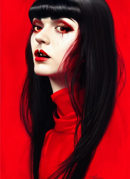 Image similar to portrait of vampire veronica lodge with bangs, vampire fangs, vampire, long hair, red clothes, bangs, vampironica, intricate, elegant, glowing lights, highly detailed, digital painting, artstation, concept art, smooth, sharp focus, illustration, art by wlop, mars ravelo and greg rutkowski