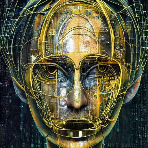 Prompt: human 3 d by pantokrator, woman head made of mech mask rendered in unreal engine, ancient technology, cyberpunk, dark, scifi, golden cyberntic vessels coming from core processor, contrast, painted by david burliuk | bernard buffet | carne griffiths | stanislaw lem