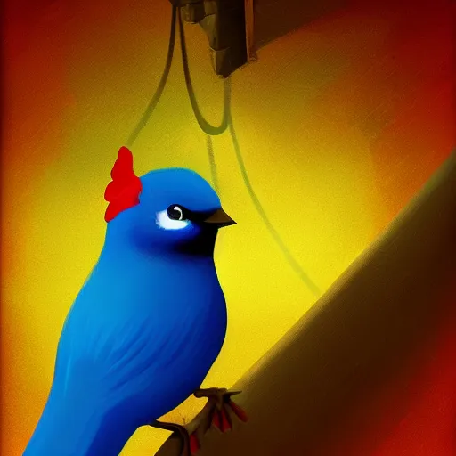 Image similar to a beautiful adorable fantasy whimsical matte digital storybook painting of a blue bird a red bird and a yellow bird on a wire, bright blue sky, Disney concept art, trending on artstation hq, contest winner