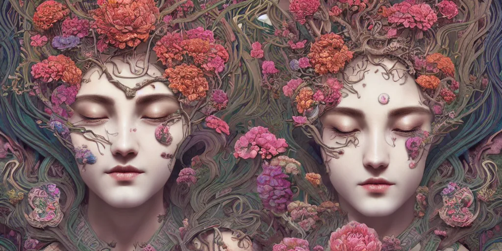 Prompt: breathtaking detailed concept art painting art deco pattern of gaea faces goddesses amalgamation flowers, by hsiao - ron cheng, bizarre compositions, exquisite detail, extremely moody lighting, 8 k