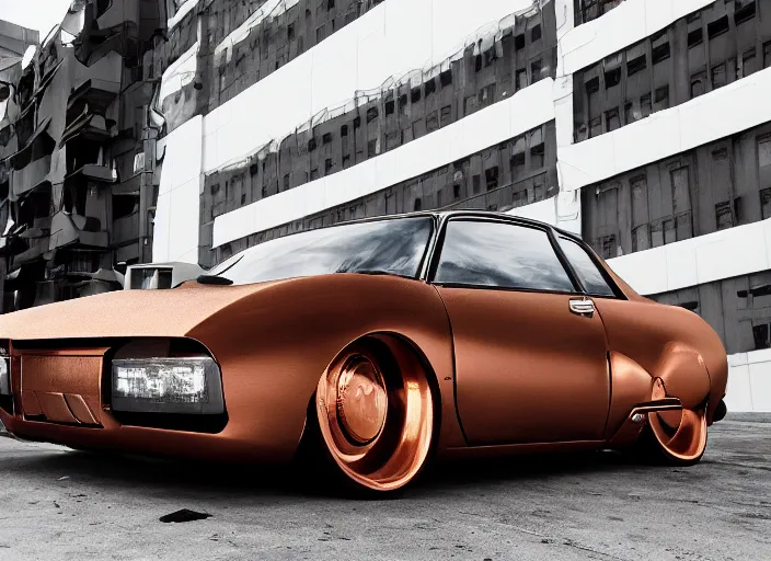 Image similar to wide view shot of a copper colored car with some black and white paint, designed by dmc and gmc, style by john berky and liam wong and michael whelan.