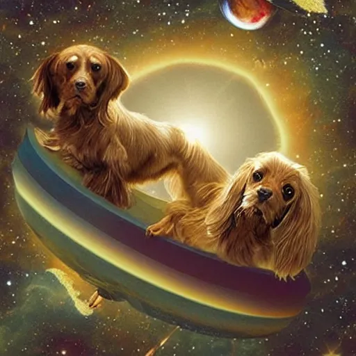 Prompt: a celestial field spaniel in space, visionary, masterpiece