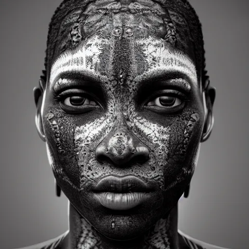 Image similar to : black human with ancient pattern skin all over hyper detailed art station  dalle2 unity contest winners unrealengine trending on artstation,cinematic, hyper realism, high detail, octane render, 8k