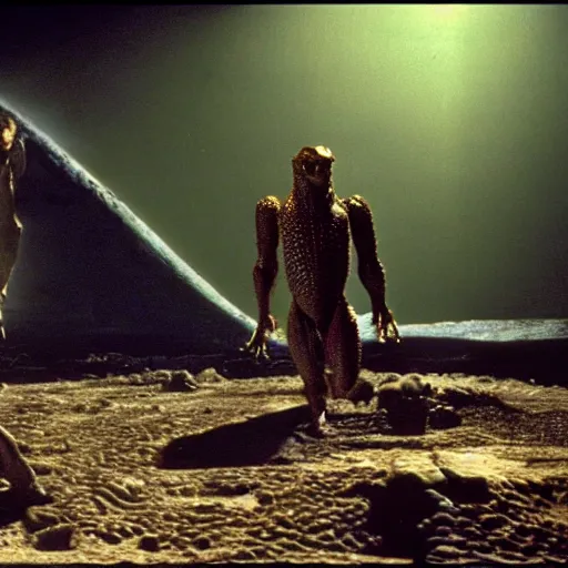 Image similar to movie scene of a man and a draconian humanoid on a space planet, reptil, reptilian, movie still, cinematic composition, cinematic light, criterion collection, reimagined by industrial light and magic, Movie by David Lynch and Ridley Scott