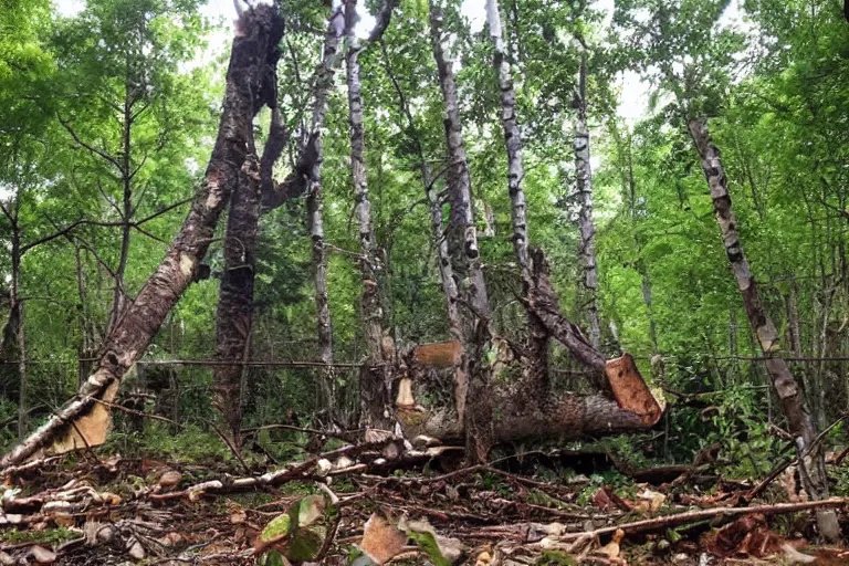 Image similar to donkey kong in a forest knocking down trees, a white birch tree that has fallen over, donkey kong from nintendo 6 4