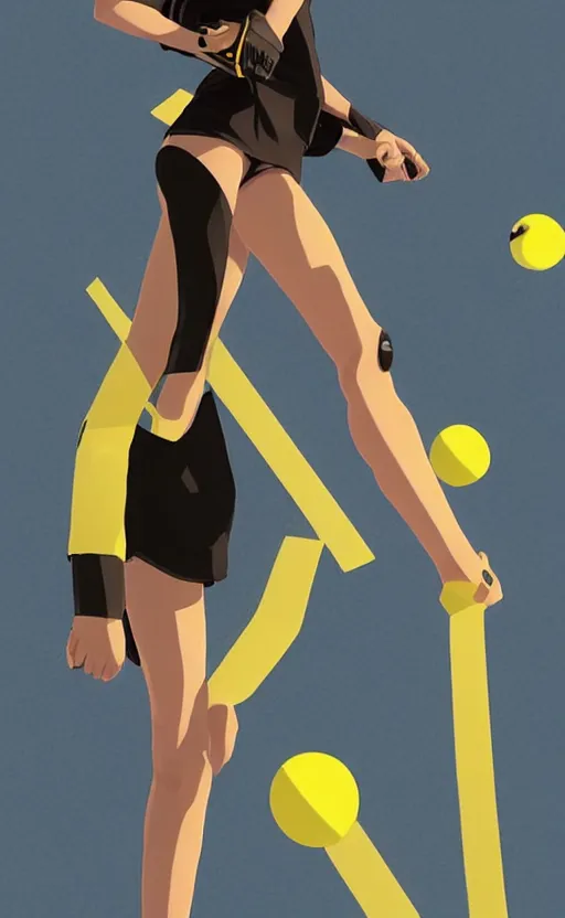 Image similar to character design, manga style, realistic lighting, futuristic solid colors, made by ilya kuvshinov, uploaded on safebooru, from arknights, female beach volley player, elegant, futuristic yellow lens, sport clothing, visible feets, simple background