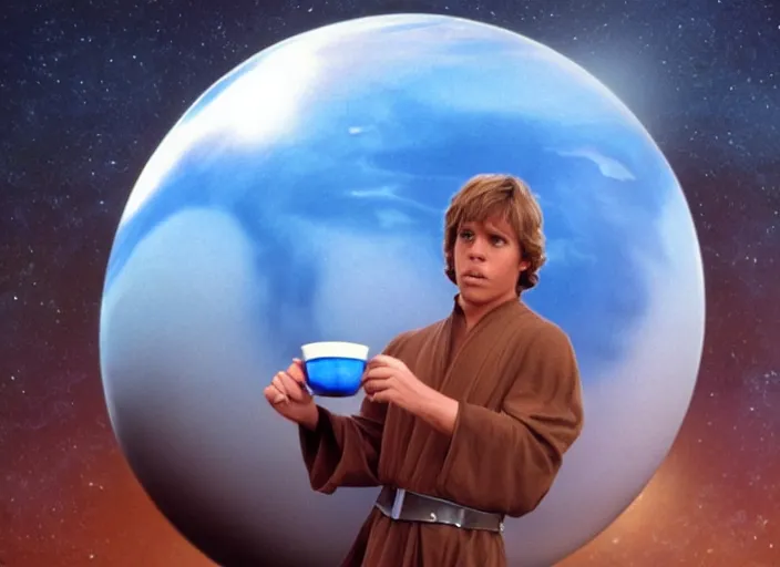 Image similar to screenshot of Luke Skywalker drinking blue milk, on a marble designed planet, famous scene from the 1980s film directed by Stanley Kubrick cinematic lighting, moody cinematography, with anamorphic lenses, crisp, detailed portrait, 4k image