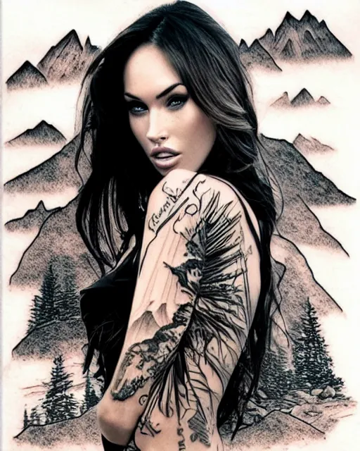 Image similar to double exposure effect tattoo design sketch of megan fox with beautiful mountains, realism tattoo, in the style of andrey lukovnikov, amazing detail, sharp