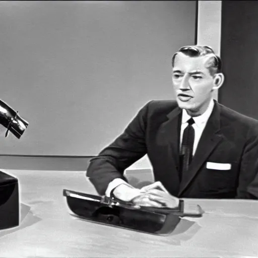 Image similar to 1 9 6 0's news broadcast, a man in vintage suit sitting at a silver desk while being stalked by a gigantic black panther
