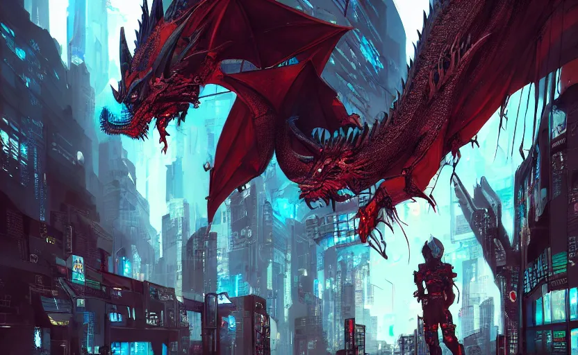 Prompt: A dragon in a cyberpunk city with cyborgs and humans looking in amazement, illustration, artstation, detailed