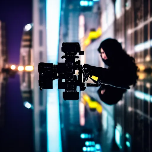 Prompt: photographic portrait of a techwear woman the camera a bullet, closeup, on the rooftop of a futuristic city at night, sigma 85mm f/1.4, 4k, depth of field, high resolution, full color, award winning photography