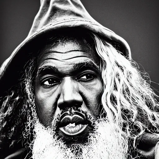 Image similar to the face of gandalf kanye west at 6 6 years old, portrait by julia cameron, chiaroscuro lighting, shallow depth of field, 8 0 mm, f 1. 8