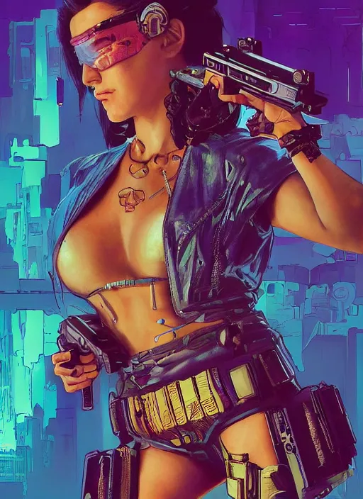 Prompt: cyberpunk woman in dress holding belt fed pistol. advertisement for pistol. cyberpunk ad poster by james gurney, azamat khairov, and alphonso mucha. artstationhq. painting with vivid color, cell shading. ( rb 6 s, cyberpunk 2 0 7 7 )