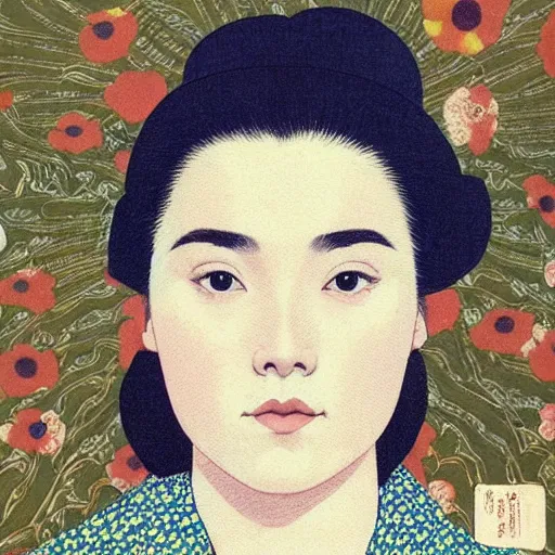 Image similar to “ florence pugh portrait by ikenaga yasunari and ayana otake and ko rakusui, 6 0 s poster, drawing, realistic, sharp focus, japanese, dreamy, nostalgia, faded, golden hues, floral clothes ”