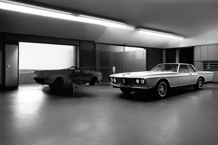 Image similar to single Formula 1, 1964 BMW M1 Lincoln Continental, inside of a minimalist Tokyo garage, ektachrome photograph, volumetric lighting, f8 aperture, cinematic Eastman 5384 film