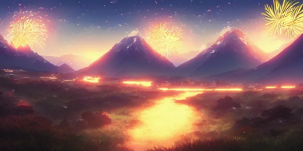 Prompt: fireworks, mountain, summer festival wide landscape, eva, war, lonely, art by makoto shinkai