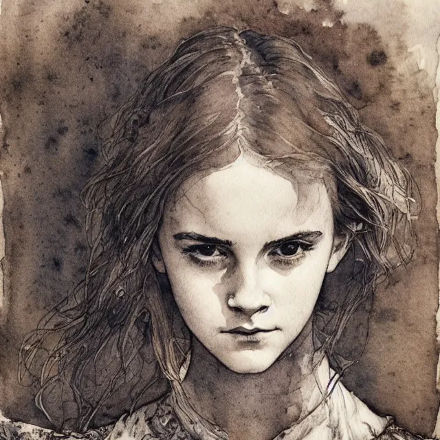 Prompt: a detailed, intricate watercolor and ink portrait illustration with fine lines of young 1 4 year old emma watson looking over her shoulder, face contorted in terror, by arthur rackham and edmund dulac and lisbeth zwerger