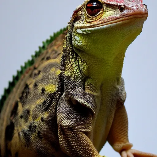 Prompt: angry gecko like a sitting english gentelman