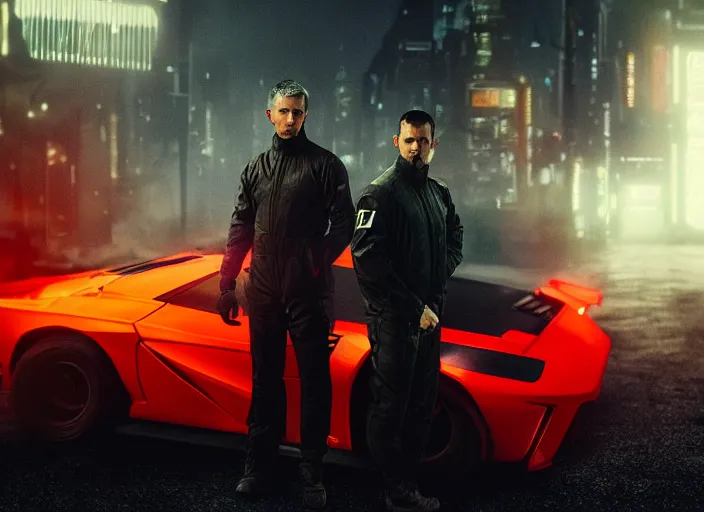 Image similar to Bladerunner 2049 intimidating street racer standing next to his red car wearing black fire suit race suit night time Bladerunner 2049 RTX 45mm wide angle photo RX7 NSX G-TR cinematic movie still aesthetic