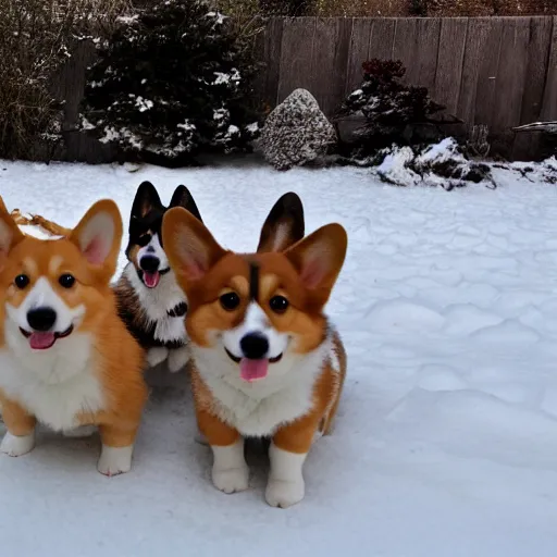 Image similar to 8k highly detailed photograph of the five most adorable Corgi Puppies playing in snow in my backyard, natural lighting,