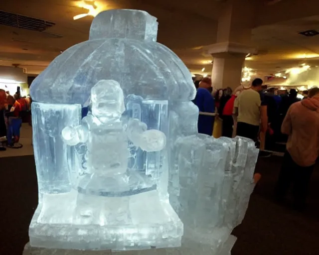 Image similar to ice sculpture. there is a little blonde boy inside a robot made of ice. the ice sculpture is a mecha inspired igloo.