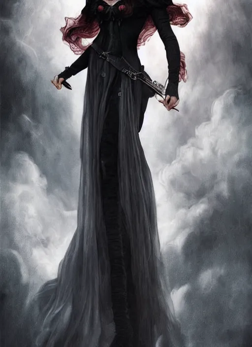 Image similar to portrait Kristen Stewart as a dark goth magician of the magic of darkness, full length shot, shining, 8k highly detailed, sharp focus, illustration, art by artgerm, mucha, bouguereau