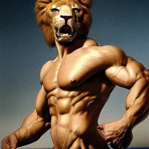 Prompt: a muscular man who has a lion's head in place of a humanoid head,