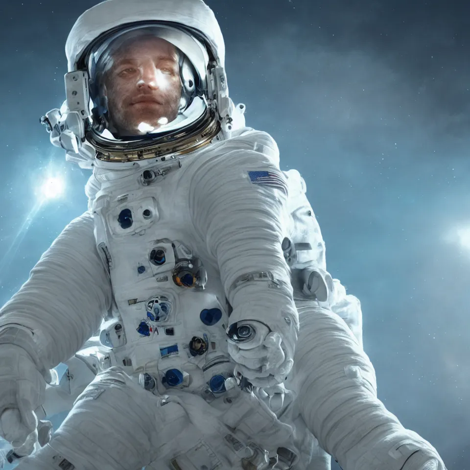 Image similar to portrait of a astronaut wearing head phones by ben templesmith, dynamic lighting, gradient light blue, blonde cream and white color scheme, epic composition, hd, octane, unreal engine, volumetric lighting, light rays, masterpiece, award - winning