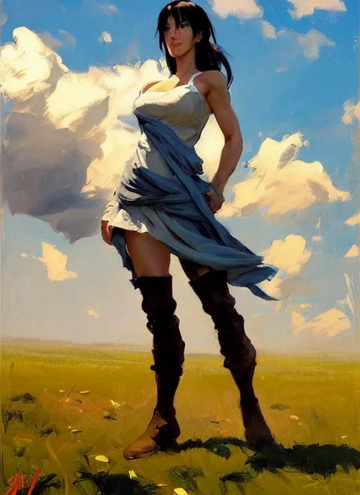 Prompt: Greg Manchess painting of Tifa Lockheart, countryside, calm, fantasy character portrait, dynamic pose, above view, sunny day, thunder clouds in the sky, artwork by Jeremy Lipkin and Giuseppe Dangelico Pino and Michael Garmash and Rob Rey, very coherent asymmetrical artwork, sharp edges, perfect face, simple form, wacky, 100mm