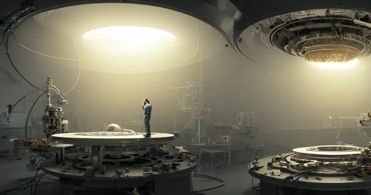 Image similar to engineer carefully repairs top secret flying saucer with ripped reactor, in the hightech laboratory full of different advanced metal equipments like holographic tomograph, quantum sensor resonator, laser atomic microscope, electronic machines and military scientific parts, very high details, volumetric fog, raytracing, back light, raymarching, by ilm, by digital domain, by weta digital