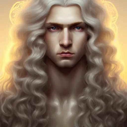 Image similar to Lucius the pale blond androgynous god of the sun, highly detailed, very very very long curly blond hair, extremely luscious curly blond hair, baroque curls, very very very pale white skin, digital painting, artstation, concept art, soft light, sharp focus, illustration