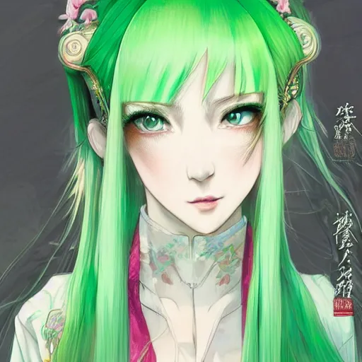 Image similar to adult girl with long light green hair, light green eyes, a small pigtail on the left side, chinese dress, chinese style, anime style, hyper detailed, light green dress, illustration, digital painting, art by artgerm and greg rutkowski and alphonse mucha, high delicate defined details, anime stylized, highly detailed, realistic, sharp focus