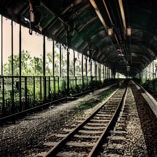 Prompt: A train station platform in the Upside Down from Stranger Things, spooky, vines everywhere, horror movie atmosphere, film still from Stranger Things