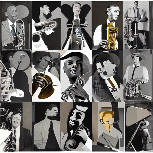 Image similar to A collage of a jazz band, mid-century modern, made of random shapes cut from magazines and newspapers