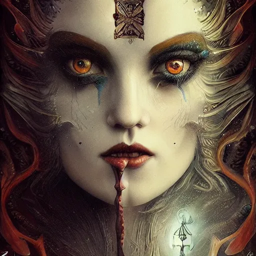 Prompt: curiosities carnival in wonderland, soft paint of a single sorceress, symmetry accurate features, horror, focus, very intricate ultrafine details, award winning masterpiece, tom bagshaw artstyle