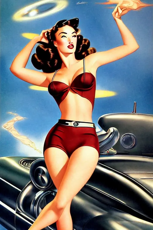 Image similar to beautiful retro space megan fox varga girl sitting on a corvette in diesel punk city, windblown dark hair, retro pinup model, seductive, 1 9 4 0, glamour pose, intricate, smoke, hyper detailed, digital art, smooth, sharp focus, alberto vargas, gil elvgren, greg rutkowski