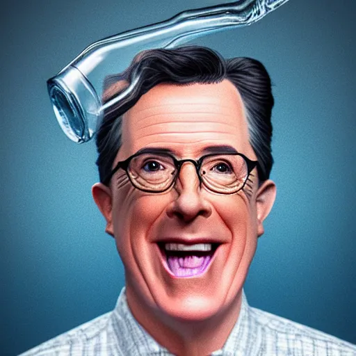 Image similar to stephen colbert face inside a clear beer bottle, 8 k, ultra realistic details