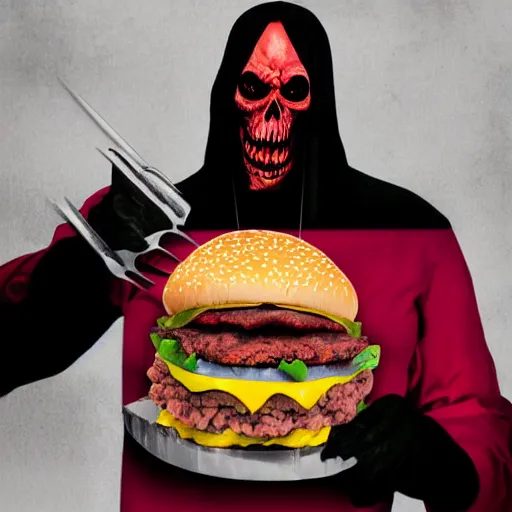 Image similar to grimace reaper, blood and nuggets fast food death metal album cover