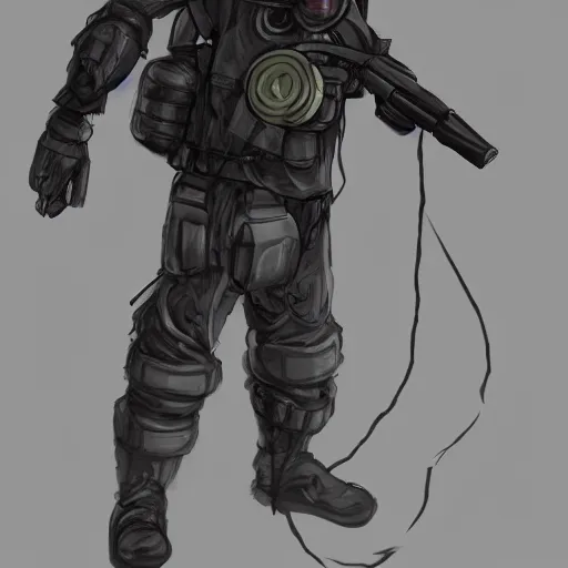 Prompt: concept art, a man wearing a gasmask, heavily equiped, scifi