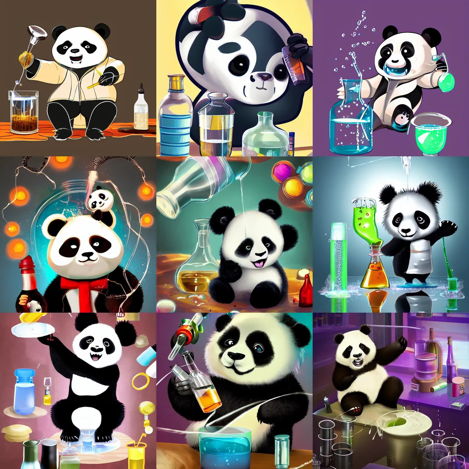 Prompt: panda mad scientist mixing sparkling chemicals, artstation