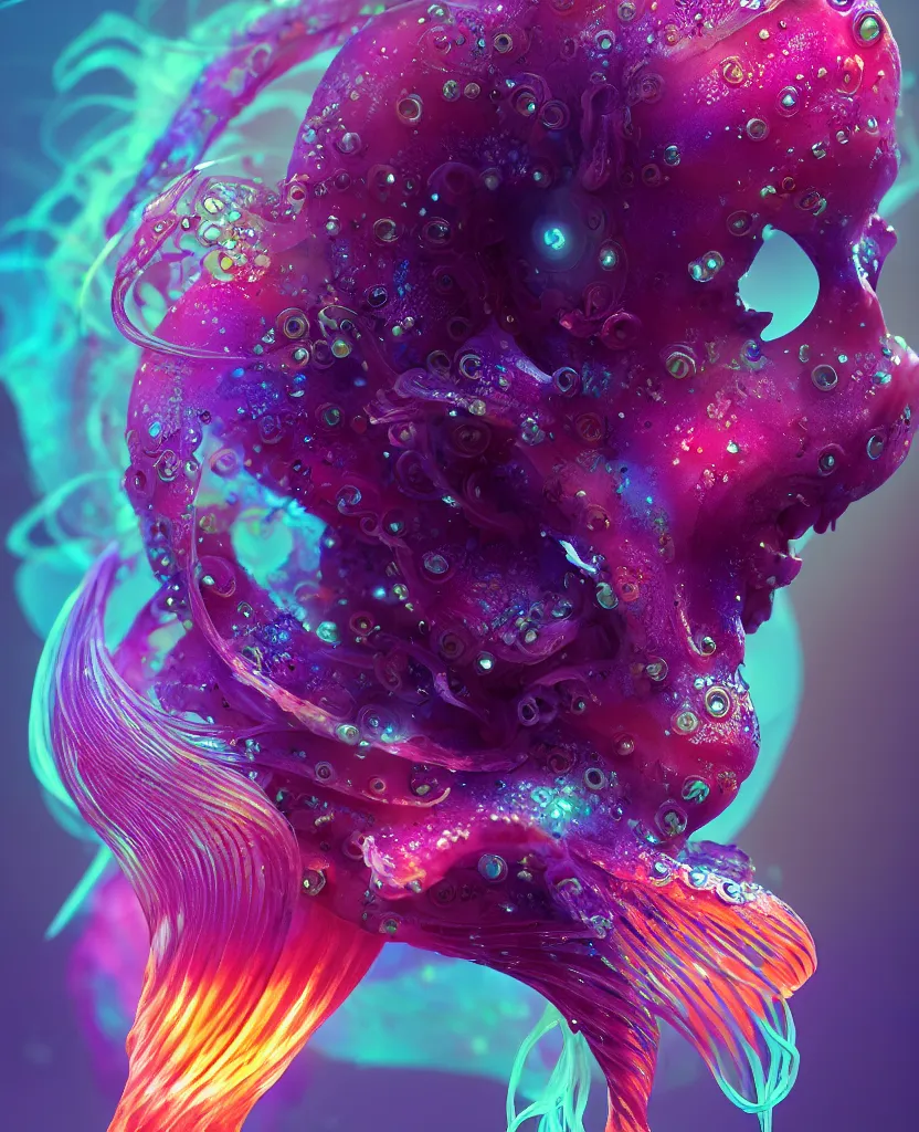 Image similar to goddess close-up portrait. dichroic orchid jellyfish phoenix head, nautilus, skull, betta fish, bioluminiscent creatures, intricate artwork by Tooth Wu and wlop and beeple. octane render, trending on artstation, greg rutkowski very coherent symmetrical artwork. cinematic, hyper realism, high detail, octane render, 8k