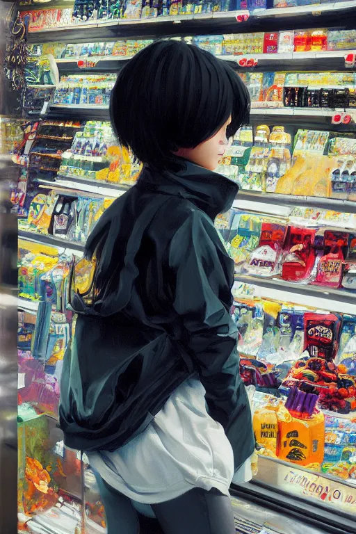 Prompt: A ultradetailed beautiful panting of a stylish girl wearing streetwear in a convenience store, Oil painting, by Ilya Kuvshinov, Greg Rutkowski and Makoto Shinkai