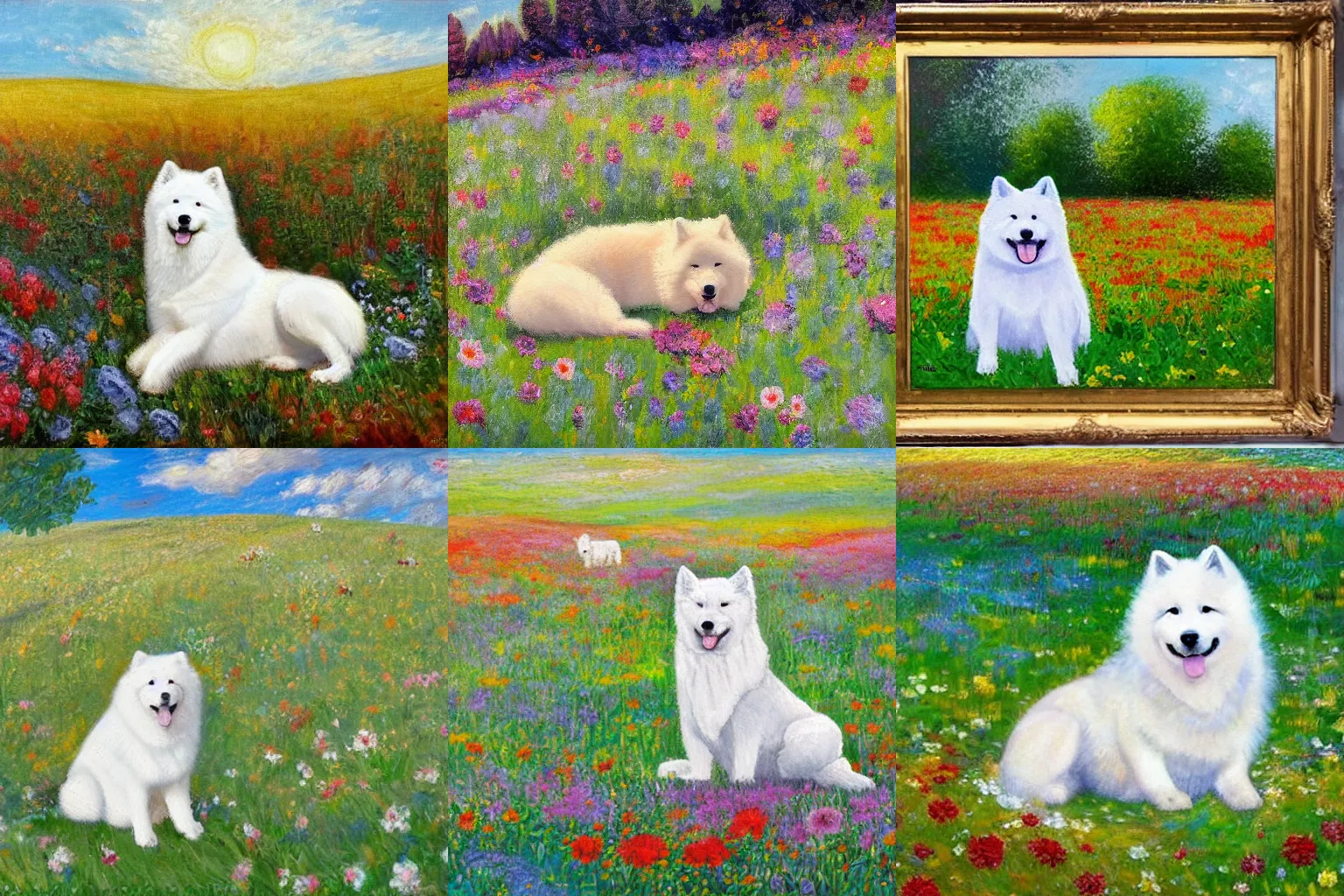 Prompt: a samoyed dog sitting in the middle of sunny meadow full of flowers, impressionism, oil painting