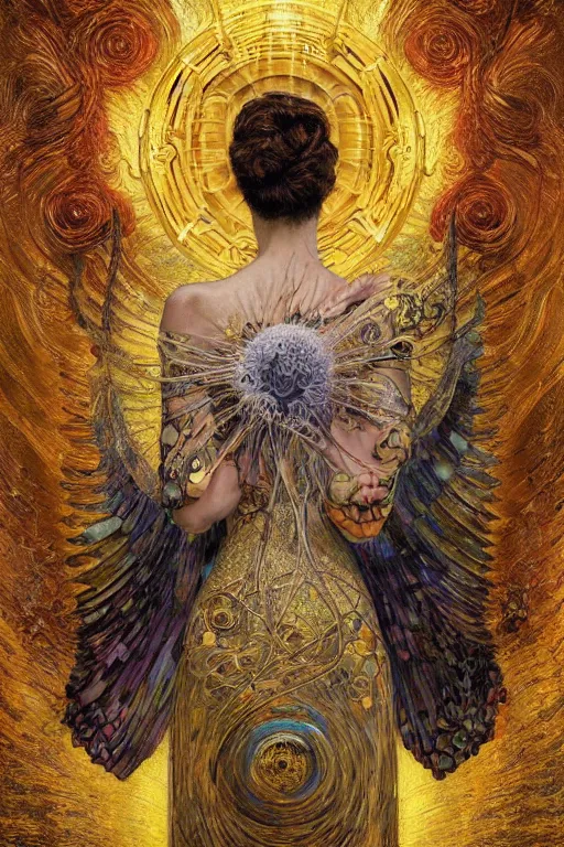 Image similar to Intermittent Chance of Chaos Muse by Karol Bak, Jean Deville, Gustav Klimt, and Vincent Van Gogh, beautiful portrait of Rebirth, Loki's Pet Project, Poe's Angel, Surreality, inspiration, imagination, muse, otherworldly, fractal structures, arcane, ornate gilded medieval icon, third eye, spirals