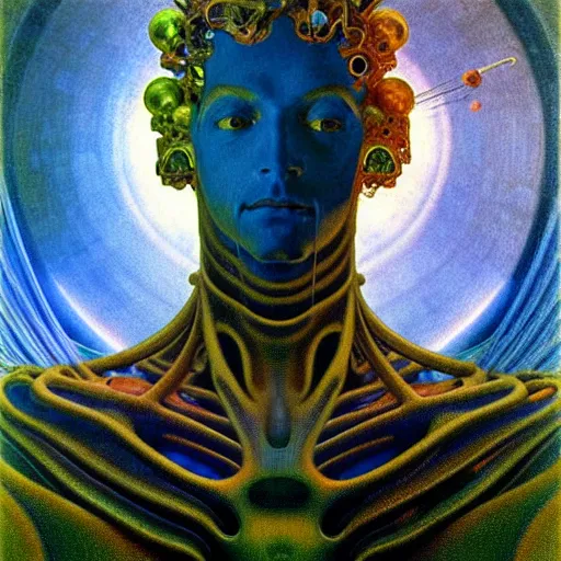 Image similar to realistic extremely detailed portrait painting of a glowing male silhouette, futuristic sci-fi landscape on background by Jean Delville, Amano, Yves Tanguy, Alphonse Mucha, Ernst Haeckel, Edward Robert Hughes, Roger Dean, rich moody colours, blue eyes