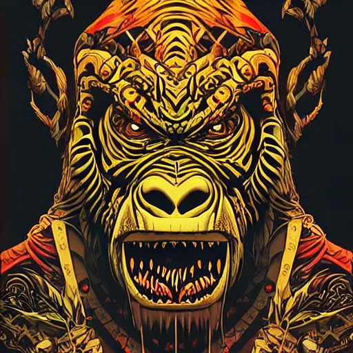 Image similar to barong family member, wiwek, mara demon, one single tribe member, jungle, one single mask, dark, ancient warrior, gorilla, lizard, tribal, inner glow, art by dan mumford and justin gerard and sachin teng