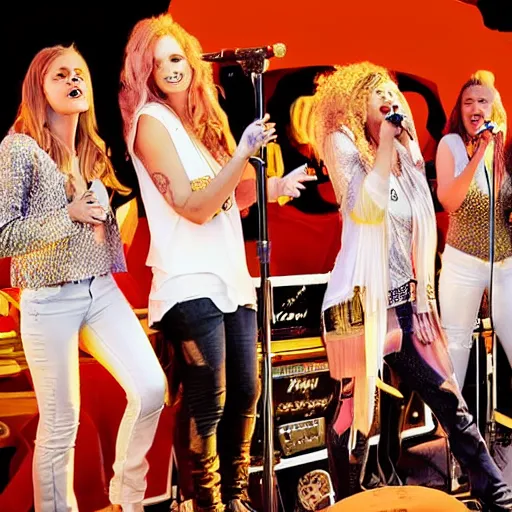 Image similar to pop rock group named'shiny souls'with a short blonde white woman singer, a tall blonde straight hair white woman singer, and a curly brunette white woman singer, singing on stage in front of a crowd with drum and a man playing guitar behind them, digital art